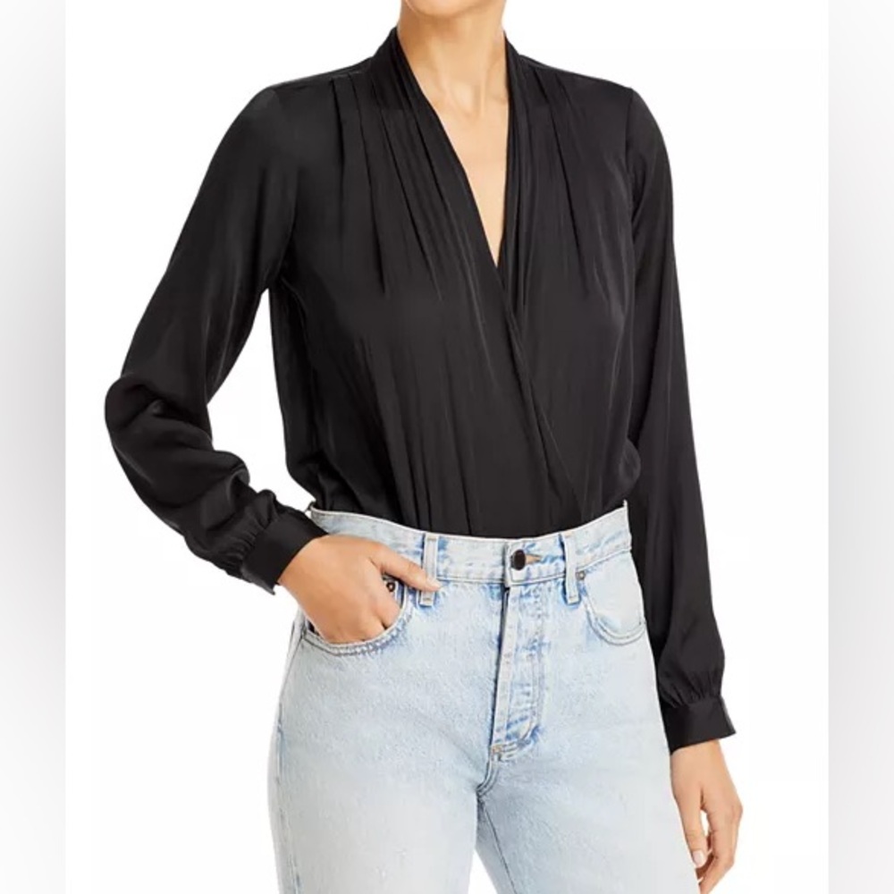 PAIGE Black Wrap Blouse bodysuit with Cuffed Long Sleeves
